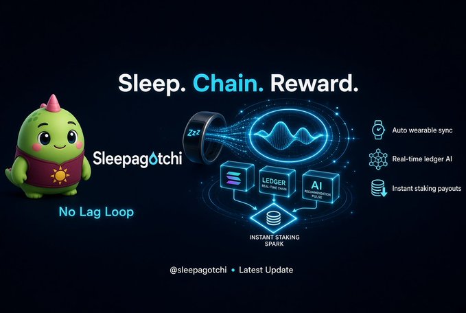 A promotional graphic for 'Sleepagotchi' features a green mascot character alongside the text 'Sleep. Chain. Reward.' and highlights features like 'Auto wearable sync,' 'Real-time ledger AI,' and 'Instant staking payouts.'