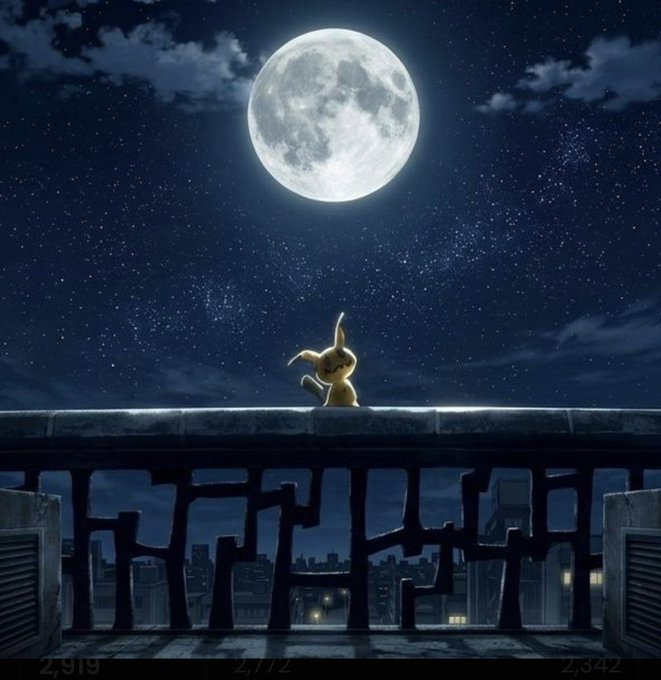 A silhouette of Mimikyu stands atop a bridge railing under a large full moon, gazing up at the night sky. The text "2,919," "2,772," and "2,342" appears along the bottom, likely representing engagement metrics. The image ties to the post's "$Mimikyu" token promotion, using the "to the moon" meme imagery to signal bullish sentiment.