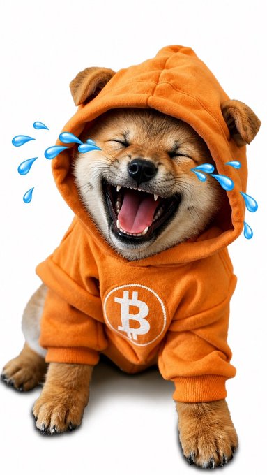 A Shiba Inu dog wearing an orange hoodie featuring a Bitcoin logo, appearing to laugh with cartoon tear effects overlaid on the image.