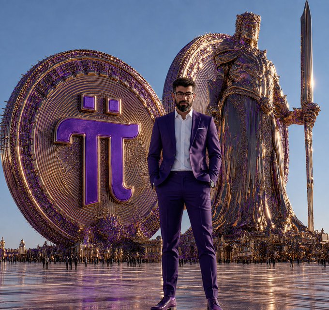 A bearded man wearing glasses and a purple suit poses confidently in front of a large golden Pi (π) cryptocurrency coin and a golden armored warrior statue, visually emphasizing the "Pi Era Begins" theme with the dominant Pi symbol on the left.
