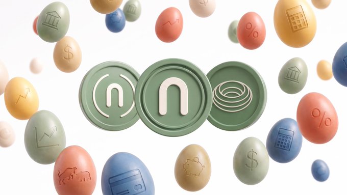 A 3D illustration featuring green circular tokens displaying 'n', 'n', and a stacking symbol, surrounded by colorful eggs with various financial icons like dollar signs and percentage signs.
