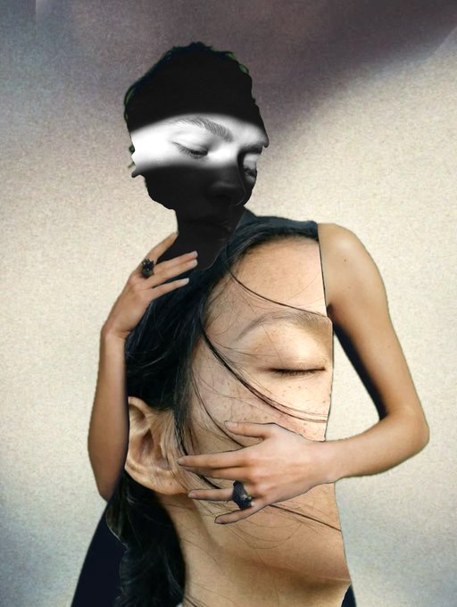 An artistic double-exposure style portrait combining a woman's figure with surreal facial imagery, featuring closed eyes blended across her body and a silver band across her face.