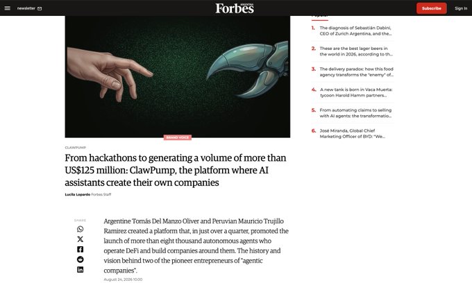 A Forbes article titled "From hackathons to generating a volume of more than US$125 million: ClawPump, the platform where AI assistants create their own companies" by Lucila Lapento, featuring an illustration of a human hand reaching toward a robotic claw. The article profiles Argentine Tomás Del Manzo Oliver and Peruvian Mauricio Trujillo Ramirez as pioneers of "agentic companies," aligning with the post's highlight of ClawPump and its founders in agentic finance.