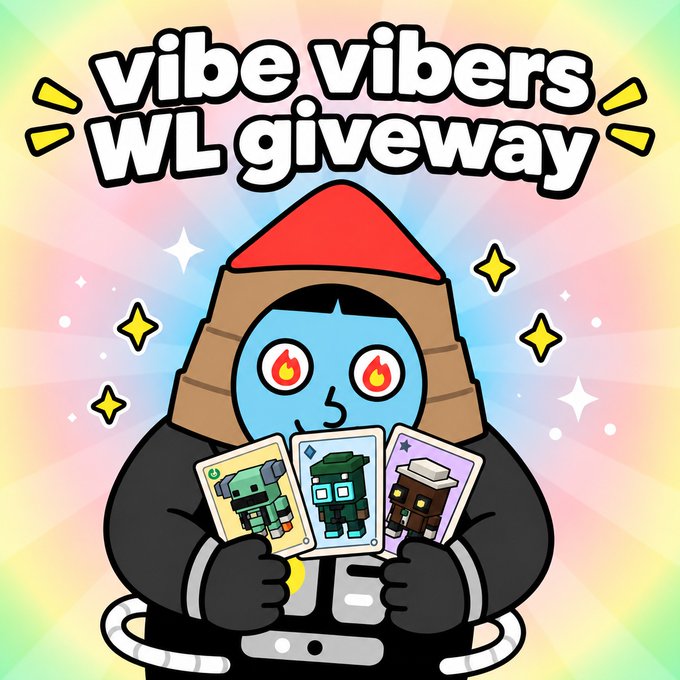 A cartoon blue-skinned character with fiery eyes, wearing a hooded outfit and holding three NFT trading cards, is featured under the bold text "vibe vibers WL giveaway," promoting the Vibe/Vibers NFT collection whitelist giveaway that requires following accounts, liking/RTing, and dropping an EVM wallet to win 3x GTD spots.