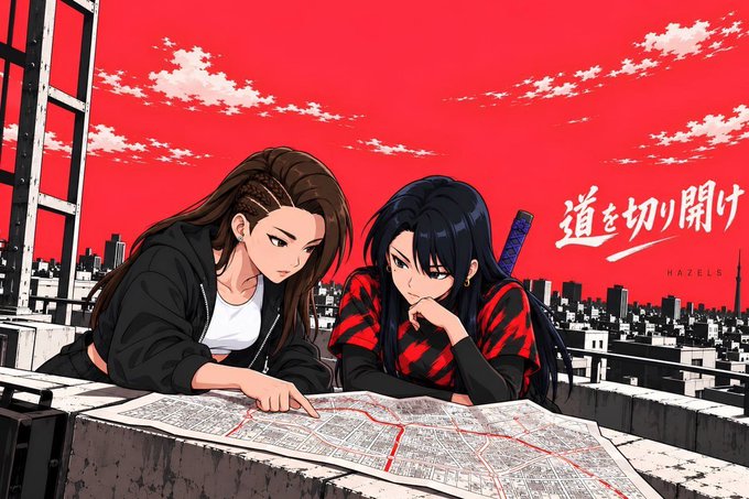 An anime-style illustration features two women with long hair looking at a city map on a rooftop against a striking red sky, with Japanese text reading "道を切り開け" (Carve the Path) and the word "HAZELS" visible.