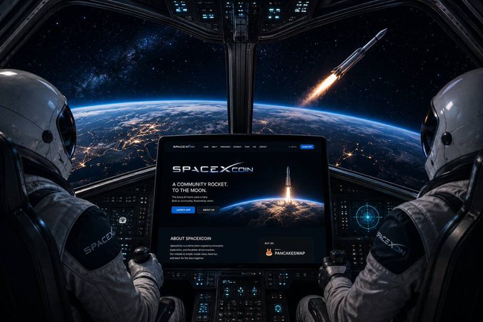 A digital artwork depicting two astronauts in a spaceship cockpit looking out at a rocket launching from Earth, with a large screen in the center displaying "SPACEXCOIN" and "A COMMUNITY ROCKET TO THE MOON."