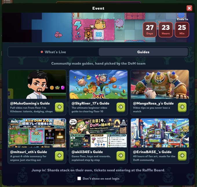 The image shows the "Event" hub in Axie: DoM featuring a new "Guides" tab showcasing six community-made guides hand-picked by the DoM team, including entries from @Muke, @SkyRiver_17, @MangaRosa_y, @mitsuri_eth, @akiii345, and @ErinaBASE, with a countdown timer showing 27 days, 23 hours, and 25 minutes remaining. The post's announcement is visually confirmed by the in-game interface displaying these hand-picked guides covering topics from beginner runs to floor 10 clears and fan art.