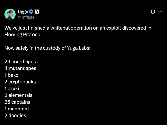 The image shows a post from @yugalabs, which has been reposted with a caption that reads "NEW: @yugalabs recovers 68 NFTs including 29 Bored Apes and 2 CryptoPunks in an emergency white-hat operation after researchers discovered an exploit in Flooring Protocol." The caption is written in a gray text box.