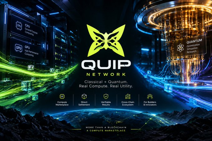 An advertisement for Quip Network displaying a green butterfly logo with text 'Classical + Quantum. Real Compute. Real Utility.' along with icons for GPU computing, Quantum, and features like Compute Marketplace, Direct Settlement, and Verifiable Results.