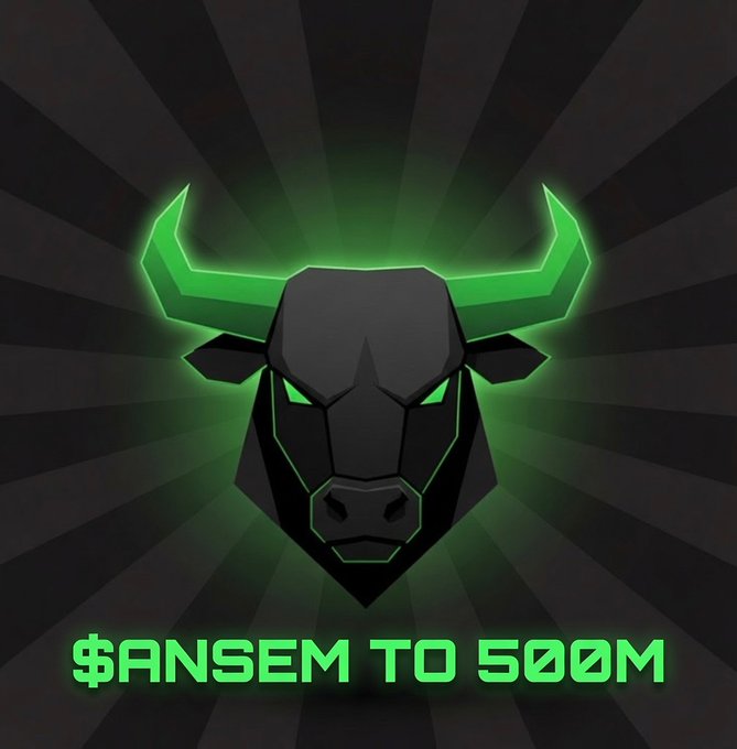 A stylized glowing green bull's head logo on a black background with the text '$ANSEM TO 500M' beneath it.
