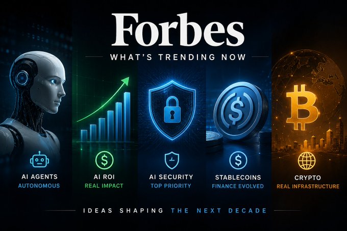 A Forbes graphic titled 'WHAT'S TRENDING NOW' highlights 'IDEAS SHAPING THE NEXT DECADE' with categories for AI AGENTS, AI ROI, AI SECURITY, STABLECOINS, and CRYPTO.