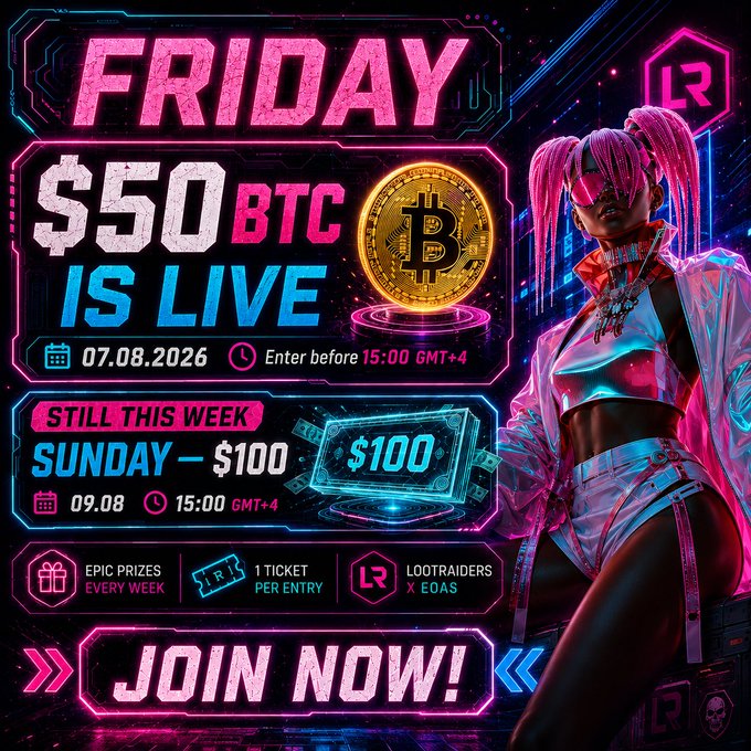 A neon-styled promotional graphic announces 'FRIDAY $50 BTC IS LIVE' on 07.08.2026, with a 'SUNDAY — $100' event on 09.08, featuring a cyberpunk-style female character and the 'LR' logo.