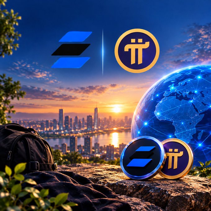 The image shows the Solana ($SOL) logo alongside the Pi Network ($Pi) logo floating above a sunset cityscape, with a globe and backpack symbolizing global travel and the "Sible Network" project mentioned in the post, visually representing an invitation to mine or join a new opportunity similar to the Pi Network experience from years ago.