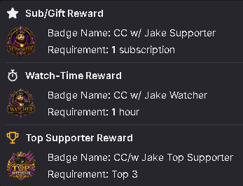 A rewards panel showing Sub/Gift Reward 'CC w/ Jake Supporter', Watch-Time Reward 'CC w/ Jake Watcher' (1 hour), and Top Supporter Reward 'CC w/ Jake Top Supporter'.