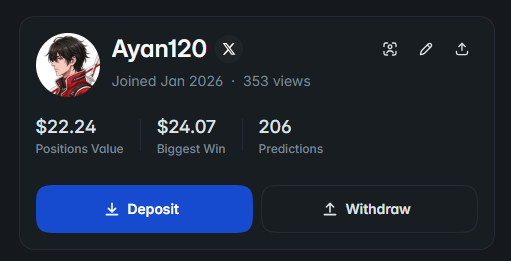 A Polymarket profile for user "Ayan120" joined January 2026 showing 353 views, $22.24 Positions Value, $24.07 Biggest Win, 206 Predictions, with Deposit/Withdraw options displayed. The image visually reinforces the post's progress update, though the actual profile shows 353 views vs the claimed 356.