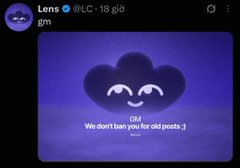 A social media post by 'Lens@ILC' featuring a purple graphic of a sad cloud with text reading 'We don't ban you for old posts :)'.