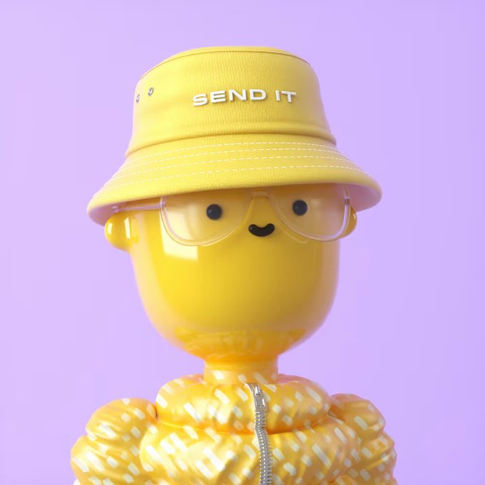 A glossy yellow figure wearing a bucket hat with "SEND IT" printed on it and glasses, paired with a yellow puffy jacket, set against a pastel purple background. The "SEND IT" hat humorously complements the posted mention of a new Good Vibes Club clock pickup, echoing the playful, optimistic energy of the brand.