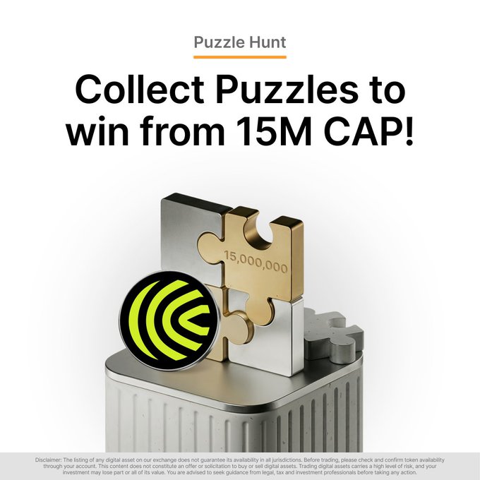 A promotional graphic for the "Puzzle Hunt" campaign featuring a silver pedestal with a golden puzzle piece inscribed with "15,000,000" and a green CAP token, with bold text reading "Collect Puzzles to win from 15M CAP!" This aligns with the post announcing the CapApp Puzzle Hunt, where participants can compete to win from a 15 million CAP prize pool.