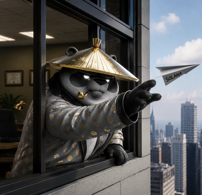 A panda wearing a golden conical hat and an ornate patterned robe leans out of a high-rise office window, launching a paper airplane labeled "SOLANA" toward the city skyline. The image reflects the post's message about casting influence far and wide—symbolizing bold action and forward momentum at the start of a new week, with the Solana paper plane representing ideas and impact traveling "far beyond what you can see."