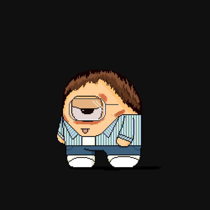 A pixel art style cartoon character with an exaggerated large eye wearing a striped shirt and jeans, standing on a dark background, reflecting the quirky, surreal aesthetic typical of Beeple's digital art style shared under his "GLOOMBLE" series.