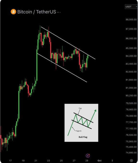 A candlestick chart of 'Bitcoin / TetherUS' showing a bull flag technical pattern with an inset diagram illustrating the flag and flagpole formation.