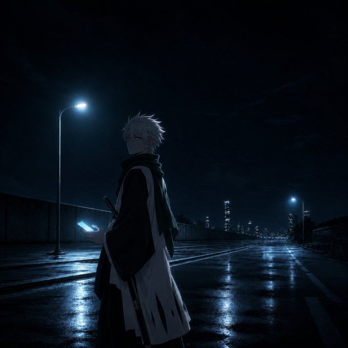 An anime-style illustration shows a character with white hair and a sword standing on a wet street at night, illuminated by streetlights, with a city skyline in the distance.