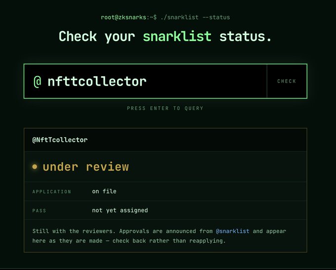 The image shows a terminal-style "snarklist status" check webpage displaying the handle "@nfttcollector" with the status "under review," application "on file," and pass "not yet assigned." This visually represents the post author's ongoing wait for a ZKSnarks (zksnarks_) whitelist approval, highlighting their uncertain standing in the review process.