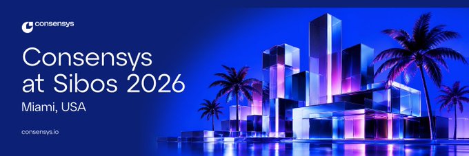 Promotional banner for Consensys at Sibos 2026 in Miami, featuring the Consensys logo, the text "Consensys at Sibos 2026 - Miami, USA," and a futuristic nighttime cityscape with illuminated skyscrapers and palm trees, reflecting the event's Miami location announced in the post.