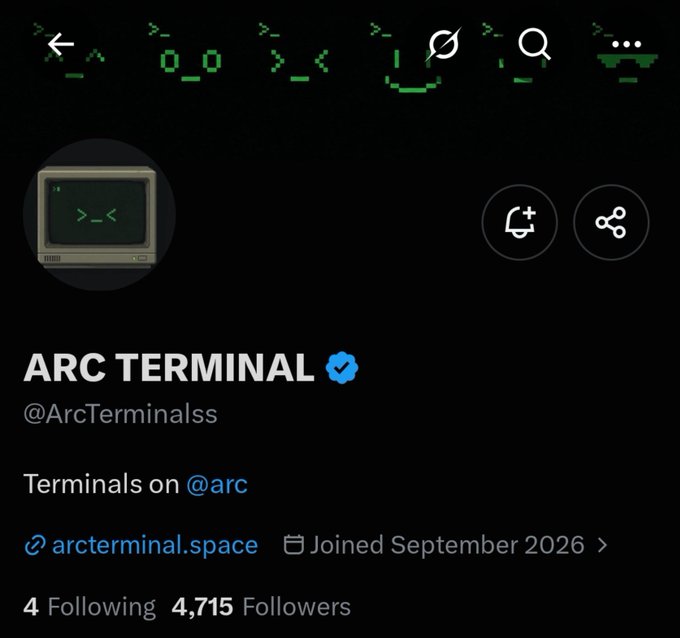 The image shows a Twitter/X profile page for the verified account "ARC TERMINAL" (@ArcTerminalss) with 4,715 followers, featuring a retro CRT monitor avatar and the bio "Terminals on @arc." The accompanying post is a giveaway for ARC TERMINAL spots, requiring users to follow, like, retweet, and drop their EVM wallet to participate.