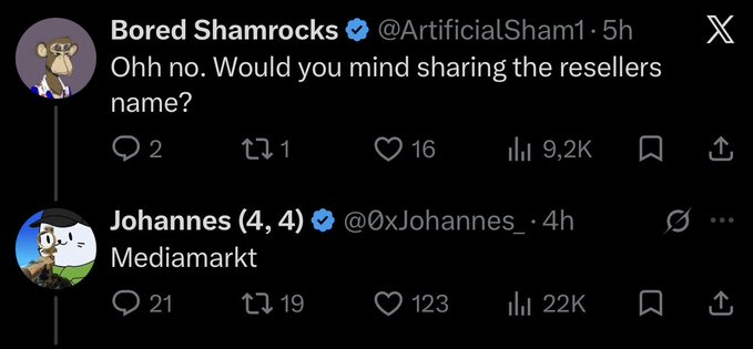 Twitter/X exchange where @ArtificialSham1 asks a user to share the resellers name, and @xJohannes responds 'Mediamarkt' with 22K views.