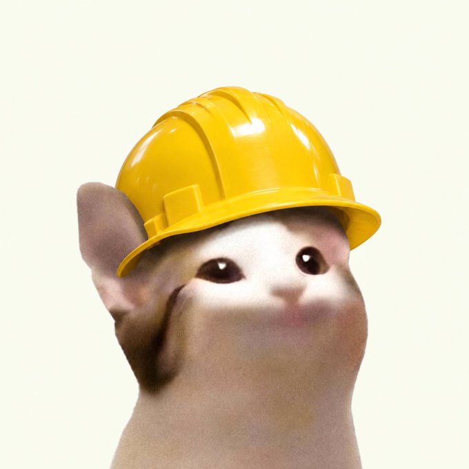 A white cat with a subtle smile wears a yellow construction hard hat, looking ready to tackle the job. The image captures the playful "Time to get to work" spirit by turning an ordinary feline into a cheerful construction worker.
