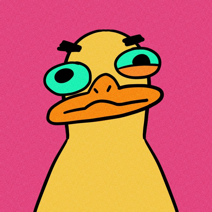 A cartoon duck with a skeptical expression, featuring teal eyes, an orange beak, and black eyebrows, set against a bright pink background.