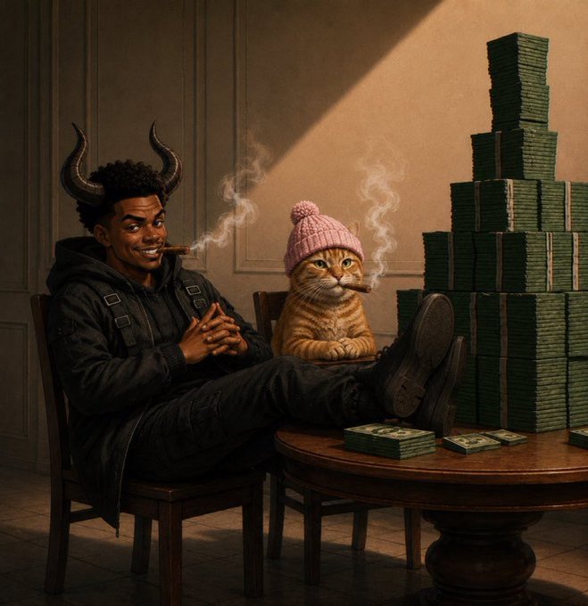 A man with devil horns relaxes in a chair smoking a cigar next to a smug tabby cat in a pink beanie, both surrounded by towering stacks of cash on a wooden table. The image humorously visualizes the post's boastful "to billions" sentiment, with the devilish figure and the $ANSEM and $Hobbes tickers symbolizing a mischievous, "front-running the masses" persona celebrating market gains.