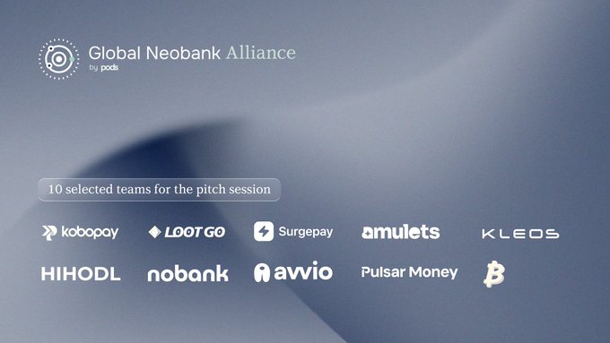 A sleek announcement graphic for the "Global Neobank Alliance by pods" reveals the 10 selected teams for the pitch session: Kobopay, Loot Go, Surgepay, Amulets, Kleos, Hihodl, Nobank, Avvio, Pulsar Money, and B (with its logo only shown). The minimalist blue-toned design complements the celebratory post thanking applicants, partners, and judges including Daimo, Polygon, Monad, OctopusLabsX, GnosisPay, and Privy for supporting the program.