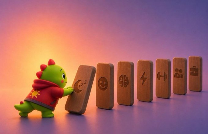 A 3D-rendered green cartoon dinosaur character in a red hoodie pushing a wooden domino, with a row of wooden dominoes featuring various icons (smile, brain, lightning bolt, weights, etc.) extending to the right against a purple and orange gradient background.