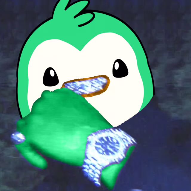 The image features a cartoon penguin with a green head, white body, and black beak. The penguin appears to be eating something out of a green container or holding a blue object that resembles a watch. The background of the image is dark, which contrasts with the bright colors of the penguin's face and the objects it holds.