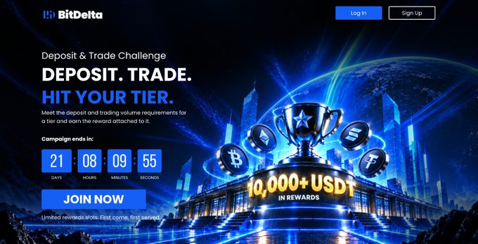 BitDelta's "Deposit & Trade Challenge" landing page promotes a trading competition with 10,000+ USDT in rewards, featuring a countdown timer showing 21 days, 8 hours, 9 minutes, and 55 seconds remaining until participants must meet deposit and trading volume requirements across 6 reward tiers. The image visually reinforces the post's message by displaying the prize pool amount, tournament trophy, and various cryptocurrency coins alongside a "JOIN NOW" call-to-action button.