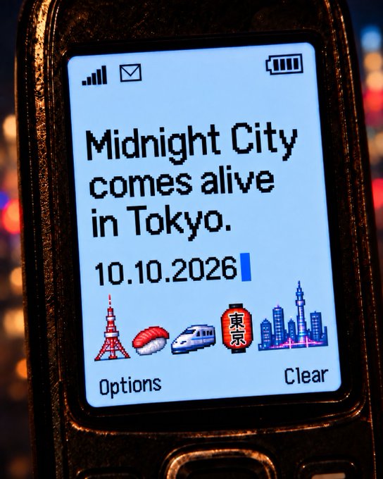 A close-up of a feature phone screen displaying the message 'Midnight City comes alive in Tokyo. 10.10.2026' along with pixel art icons of Tokyo Tower, sushi, a bullet train, a Tokyo lantern, and a skyline, and 'Options' and 'Clear' menu items.