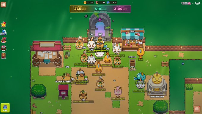 A colorful multiplayer browser game screenshot showing various cartoon characters, a quests wagon, shop, leaderboard, and currency values of 265 USD, 518 USD, and 2100 USD.