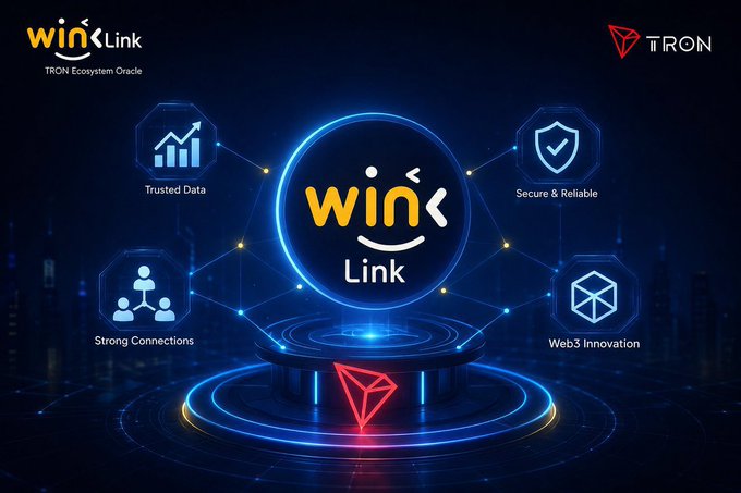 A promotional graphic for 'WinLink' featuring a central glowing logo with surrounding icons labeled 'Trusted Data', 'Secure & Reliable', 'Strong Connections', and 'Web3 Innovation', alongside the 'TRON Ecosystem Oracle' and 'TRON' logos.