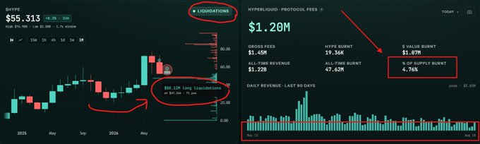 A financial dashboard for 'hyperliq' displaying a token price chart at $55,313, with red circles highlighting 'Liquidations' and '8.12M long liquidations', plus Hyperliquid Protocol Fees of $1.20M with a 4.76% supply burn.