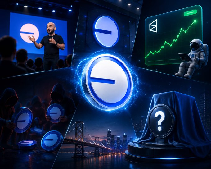 A composite digital artwork featuring a glowing blue "e" token/coin in the center, surrounded by panels showing a presenter at a podium, hooded figures holding coins, an astronaut with a growth chart, and a shrouded mystery coin with a question mark