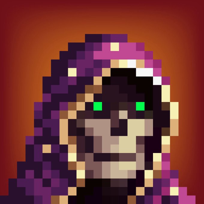 A pixelated portrait of a hooded figure with glowing green eyes and a purple hood, set against an orange-red gradient background.