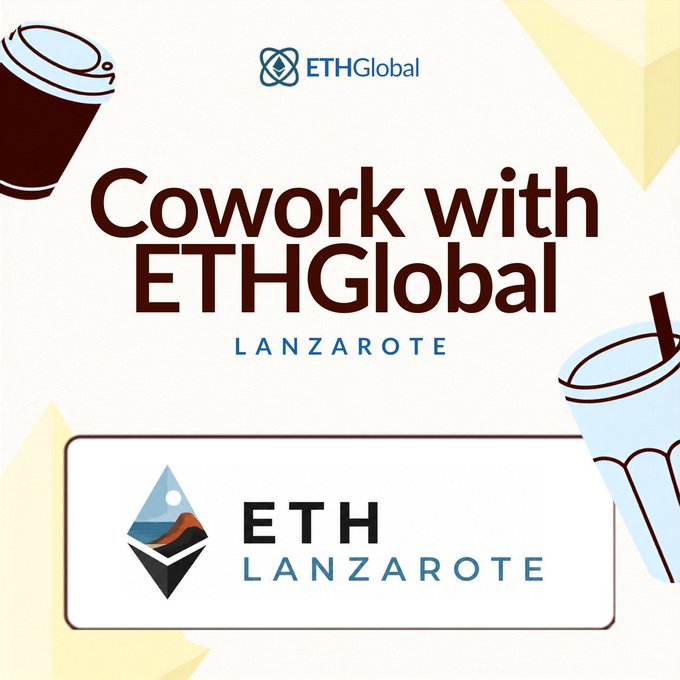 A promotional graphic for 'Cowork with ETHGlobal LANZAROTE' featuring coffee cup illustrations and the ETH Lanzarote logo.