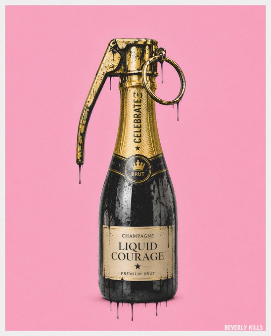 A champagne bottle labeled "Liquid Courage Premium Brut" is styled as a grenade with a gold foil top and pin ring, dripping with liquid against a pink background, artist-signed "Beverly Kills." The post references "10 signed prints at £120 each" including an NFT edition, suggesting this striking artwork is one of those limited signed prints available for purchase.