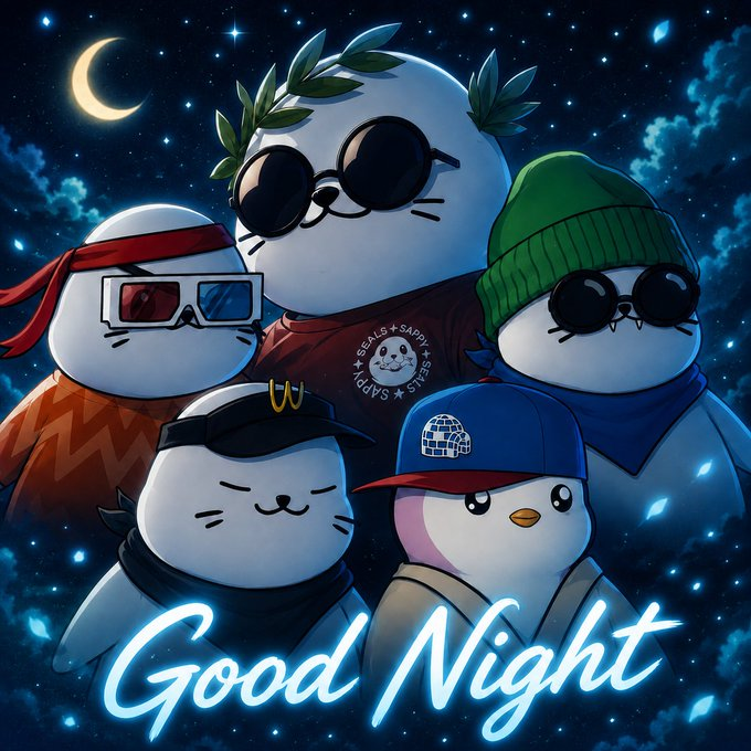 An illustrated 'Good Night' image featuring cartoon seals and a penguin wearing sunglasses, hats, and 3D glasses against a starry night sky with a crescent moon.