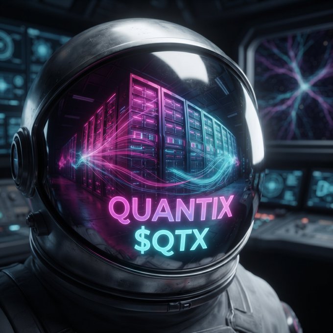 A digital artwork of an astronaut's helmet with a glowing visor reflecting neon server racks in pink and blue, with the text 'QUANTIX $QTX' displayed across the visor.