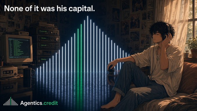 An anime-style promotional image with the text 'None of it was his capital.' showing a character listening to headphones next to an equalizer visualization, branded 'Agentics.credit'.
