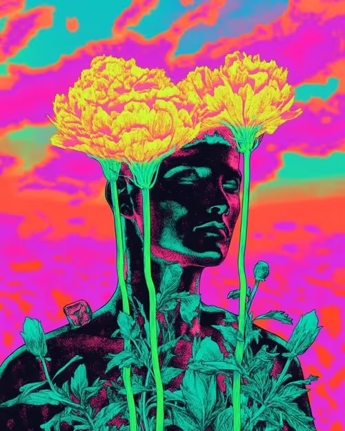 A vibrant, psychedelic illustration of a classical-style statue head with yellow chrysanthemum flowers blooming from where the eyes would be, set against a bright pink and orange background.