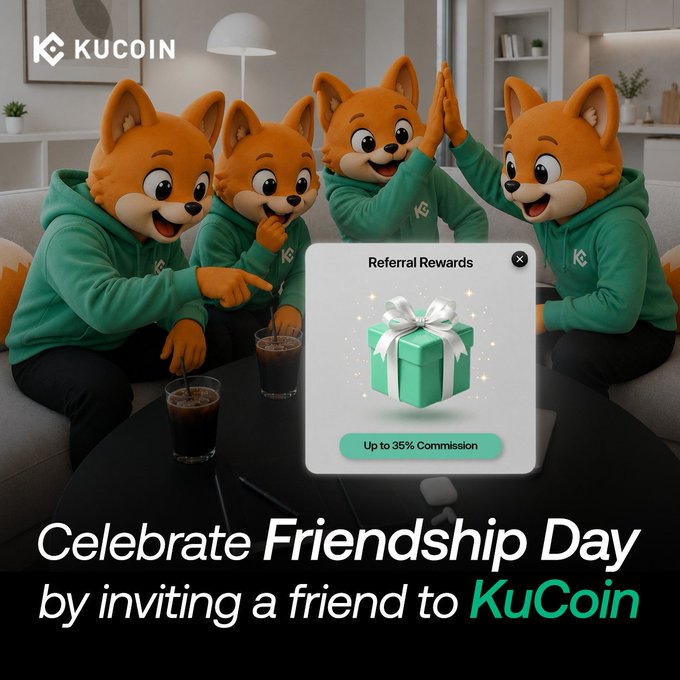 A promotional KuCoin Friendship Day graphic featuring four anthropomorphic foxes in green hoodies celebrating together around a coffee table, with a "Referral Rewards" pop-up offering "Up to 35% Commission" and text reading "Celebrate Friendship Day by inviting a friend to KuCoin." The image ties directly to the post's theme of celebrating friends who introduced you to crypto by encouraging users to refer others to the platform.